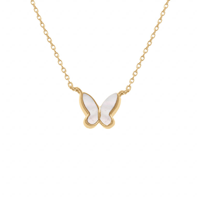 Collier mode papillon nacre blanche en plaqué or