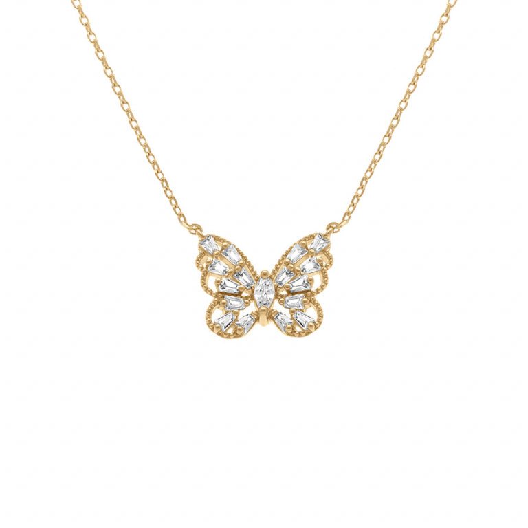 Collier mode papillon ajouré en plaqué or avec oxydes de zirconium blancs