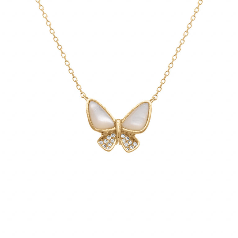 Collier papillon en plaqué or avec nacre blanche et oxydes blancs