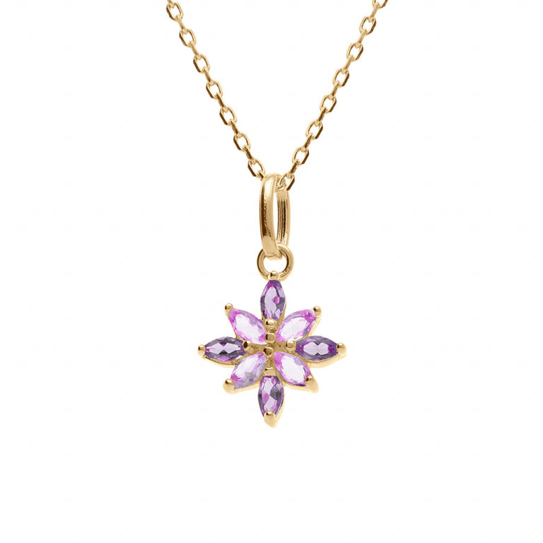 Collier mode fleur oxydes violets et rose en plaqué or