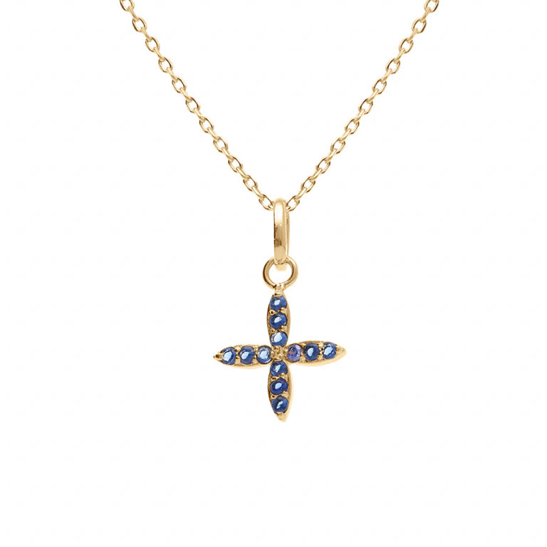 Collier croix en plaqué or avec oxydes de zirconium bleus