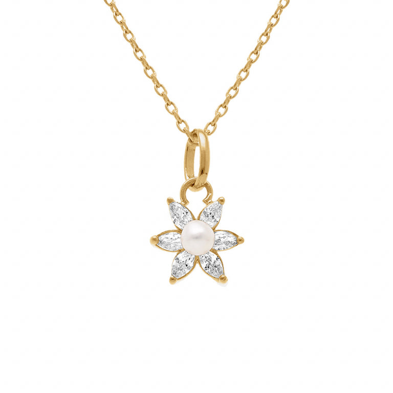 Collier mode fleur en plaqué or avec oxydes blancs et perle d’eau douce
