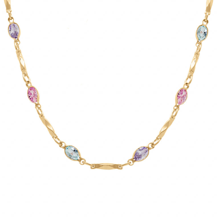 Collier mode navettes oxydes de zirconium rose et bleu en plaqué or