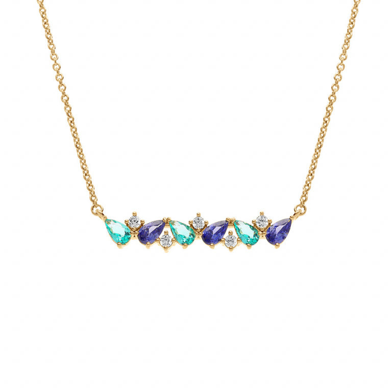 Collier mode navettes bleu et blanc en plaqué or