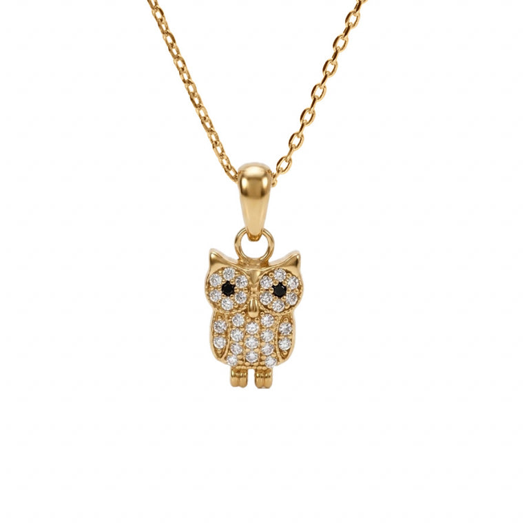 Collier mode hibou en plaqué or avec oxydes de zirconium blancs