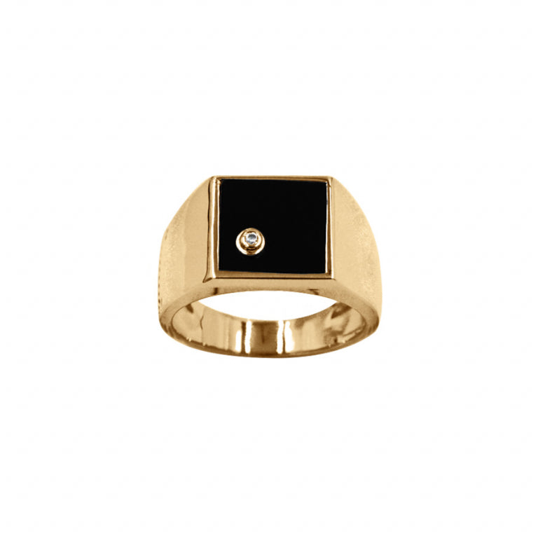Anillo tipo sello cuadrado de calcedonia negra con óxido blanco bañado en oro