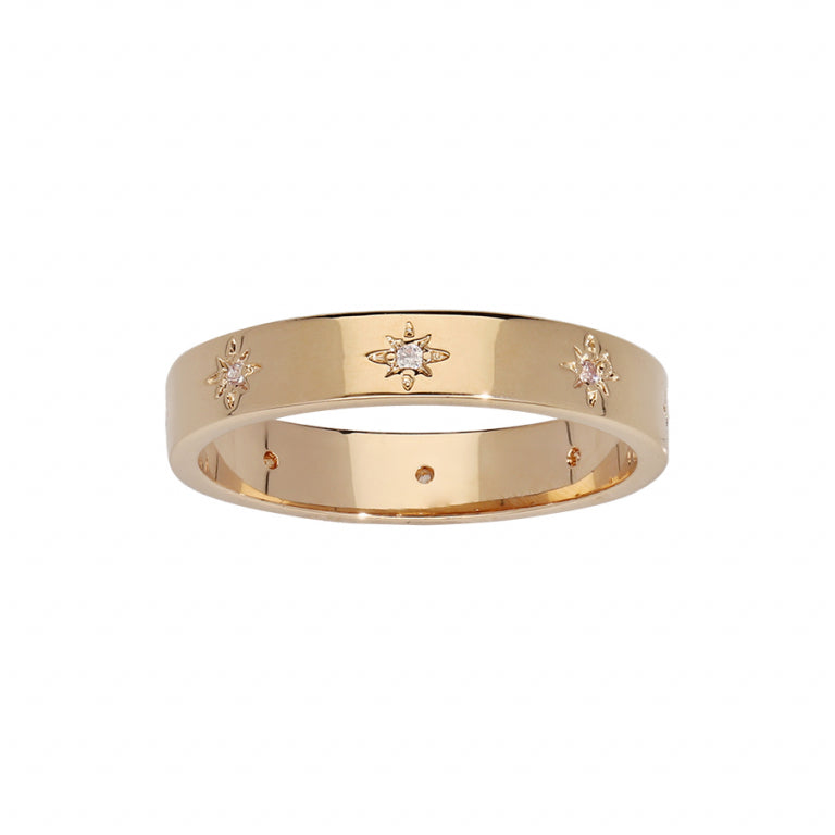 Star motif ring in gold plated with white oxides