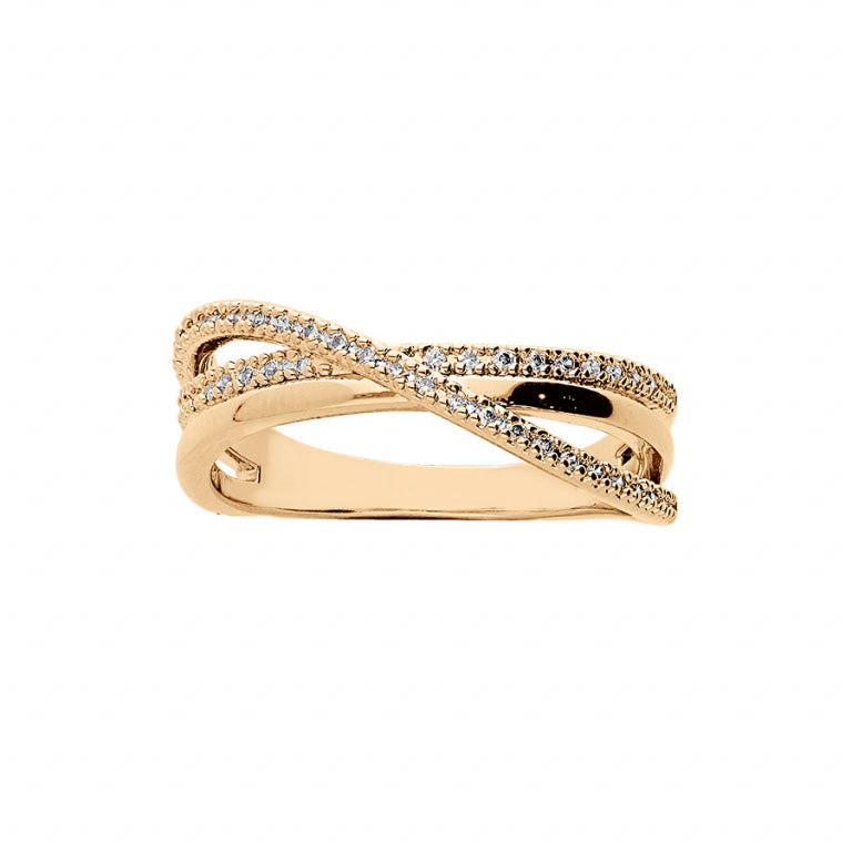 Bague croisée en plaqué or sertie d'oxydes de zirconium blancs
