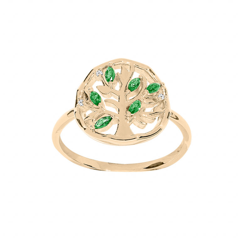 Bague arbre de vie en plaqué or avec oxydes verts
