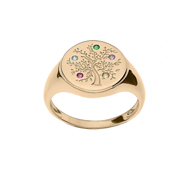 Gold-plated tree of life ring with multicolored oxides