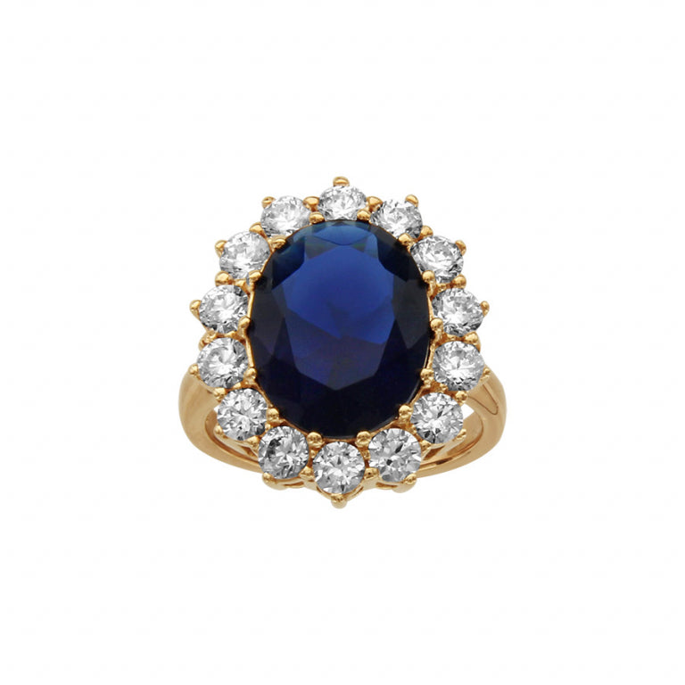 Bague pierre bleue ovale en plaqué or avec oxydes blancs synthétiques