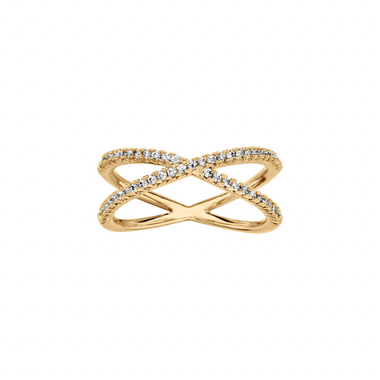 X shape ring in gold plated with set white oxides