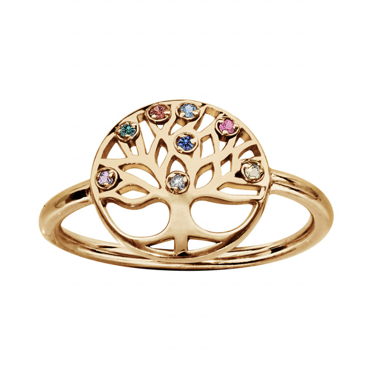 Gold-plated tree of life ring with multicolored synthetic stones