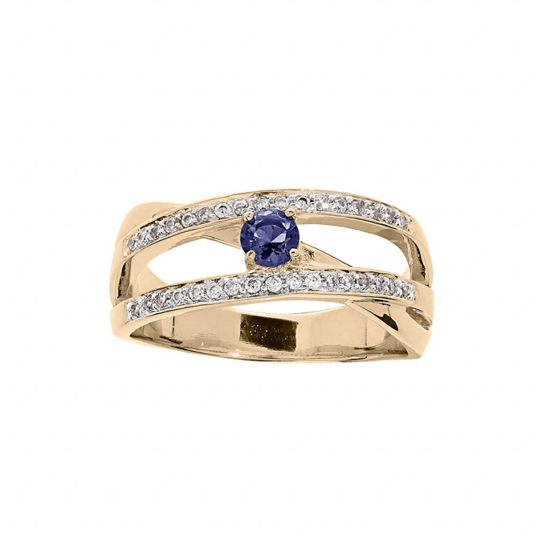 Ring met centrale blauwe oxiden en rijen witte oxiden in verguld goud