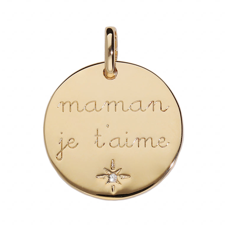 Pendentif médaille maman je t'aime en plaqué or avec oxyde blanc