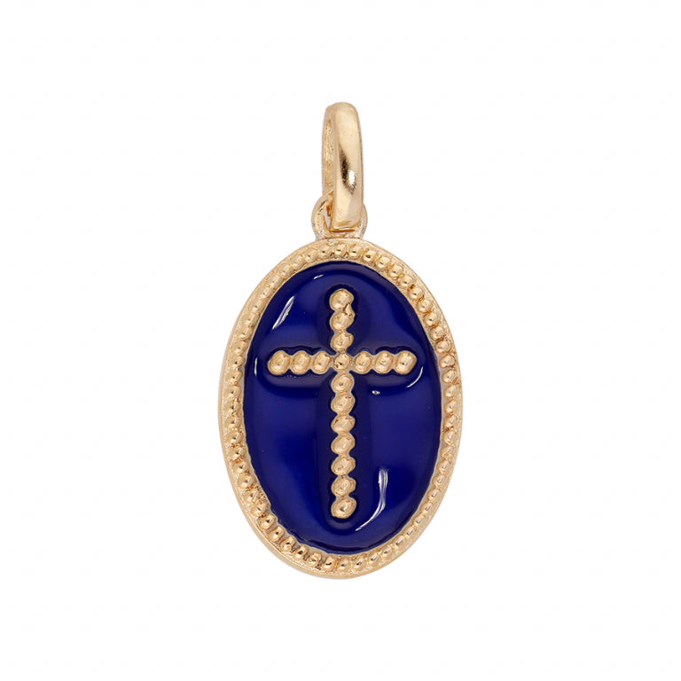 Pendentif mode croix ovale en Plaqué Or avec fond résine bleu foncé