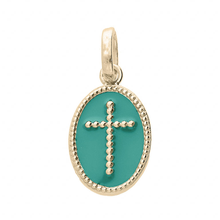 Pendentif mode croix ovale fond vert canard en plaqué or