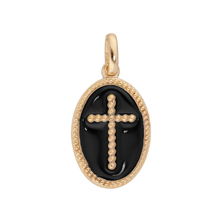 Pendentif croix fond noir oxydes blancs en plaqué or