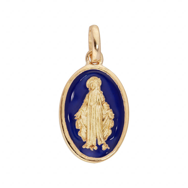 Pendentif mode miraculeuse ovale en plaqué or avec fond bleu foncé