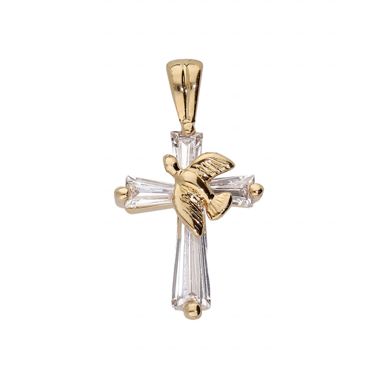 Pendentif croix colombe en plaqué or avec oxydes blancs