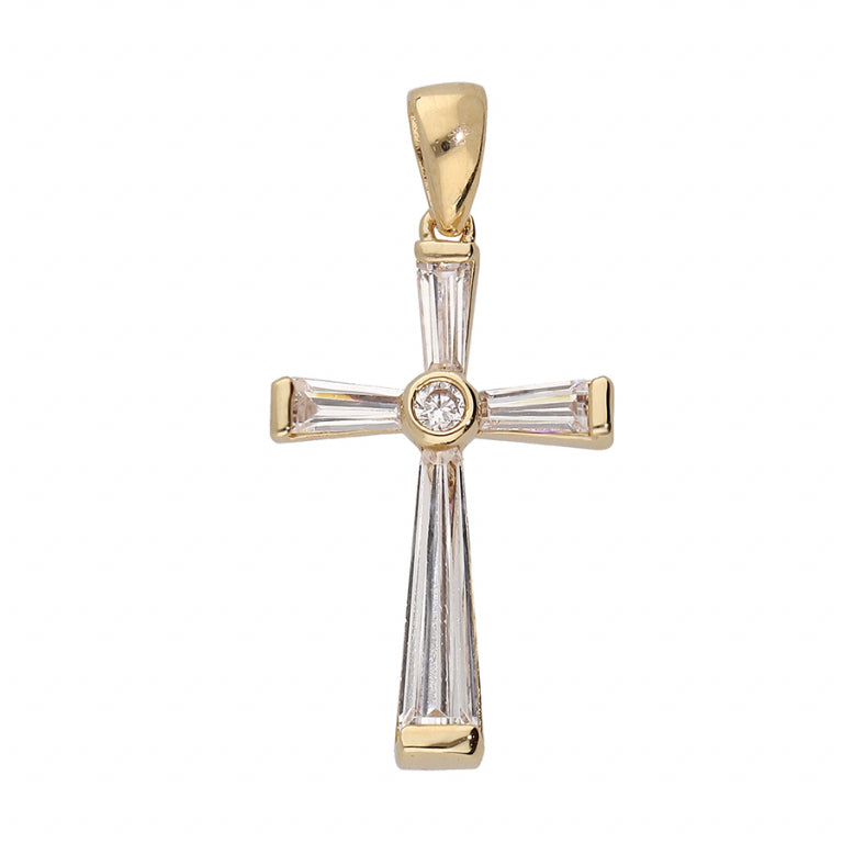 Pendentif mode croix en plaqué or avec oxydes blancs
