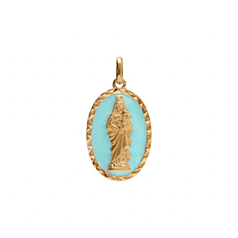 Pendentif mode Vierge et l'enfant en plaqué or fond bleu ciel ovale
