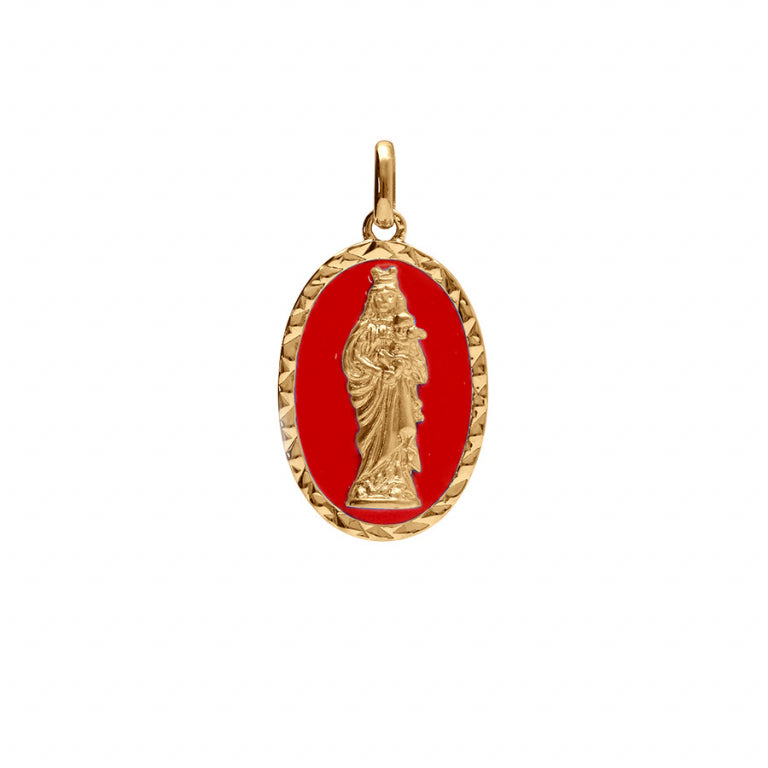 Pendentif mode vierge et enfant fond rouge en plaqué or