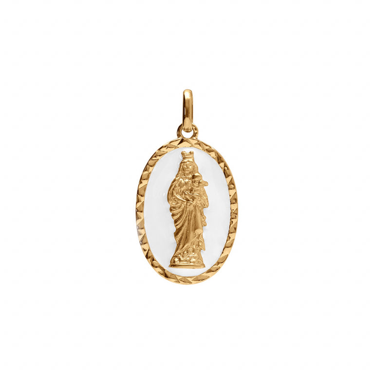Pendentif mode Vierge et l'Enfant en plaqué or ovale fond blanc