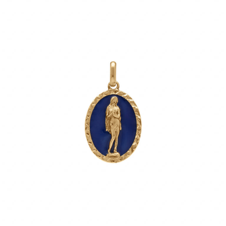 Pendentif mode Marie Madeleine ovale en plaqué or avec fond résine bleu foncé