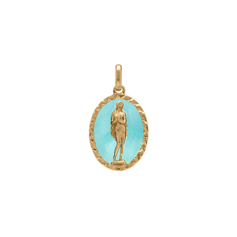 Pendentif mode Marie Madeleine ovale fond résine bleu ciel en plaqué or