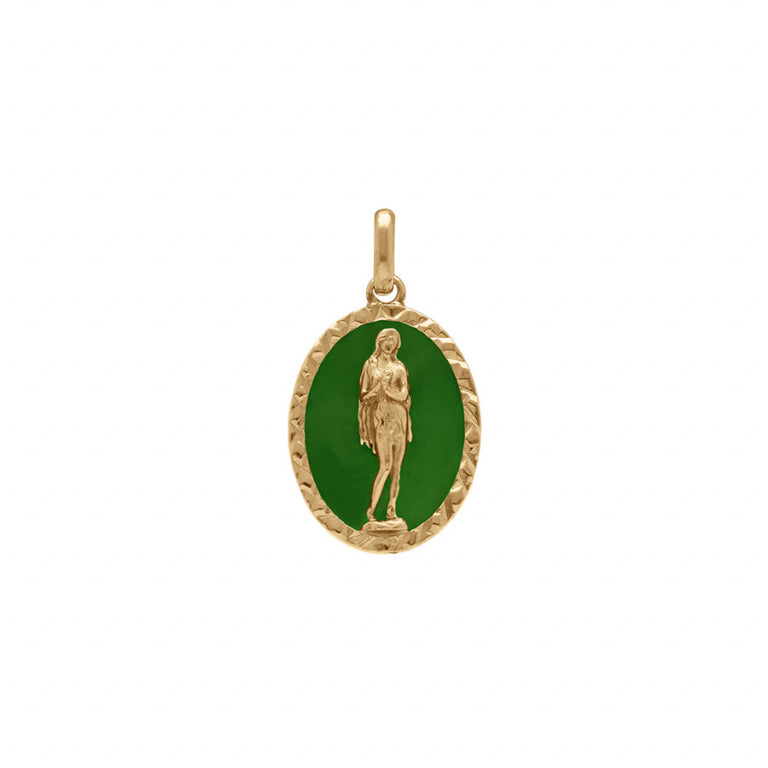 Pendentif mode Marie Madeleine ovale en plaqué or avec fond résine verte prairie