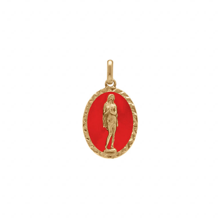 Pendentif mode Marie Madeleine ovale fond résine rouge en plaqué or