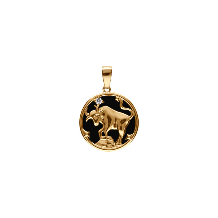Pendentif mode Taureau en plaqué or avec onyx noir imitation et oxyde blanc