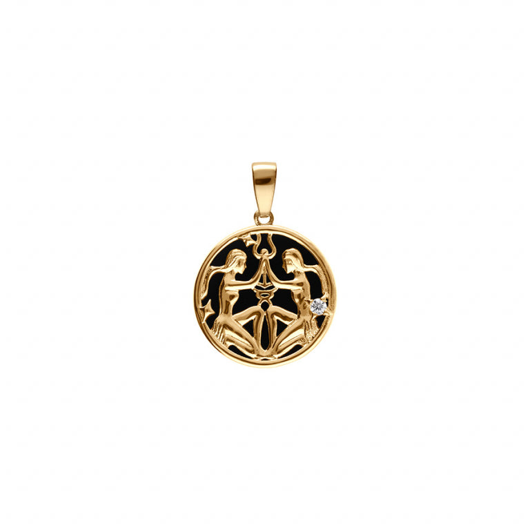 Pendentif mode zodiaque Gémeaux en plaqué or avec onyx noir imitation