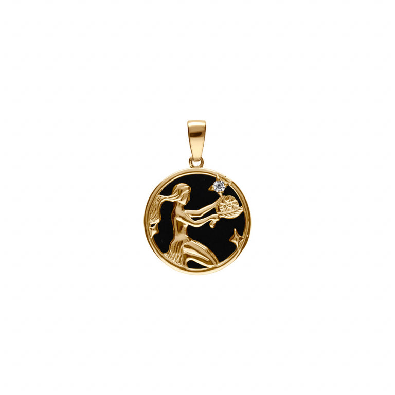 Pendentif mode Vierge en plaqué or avec oxyde blanc et imitation onyx noir