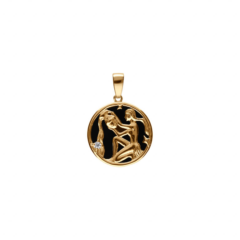 Pendentif mode zodiaque Verseau en plaqué or avec onyx noir imitation