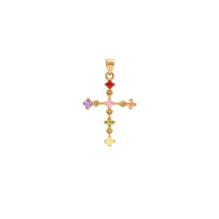 Pendentif croix en plaqué or avec oxydes de zirconium multicolores