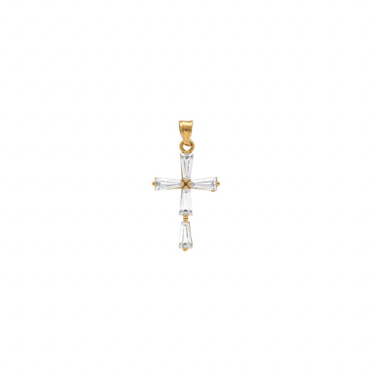 Pendentif croix oxydes blancs baguette en plaqué or