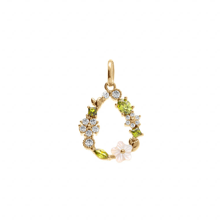 Pendentif mode goutte jardin fleuri en plaqué or avec oxydes blanc et vert olive