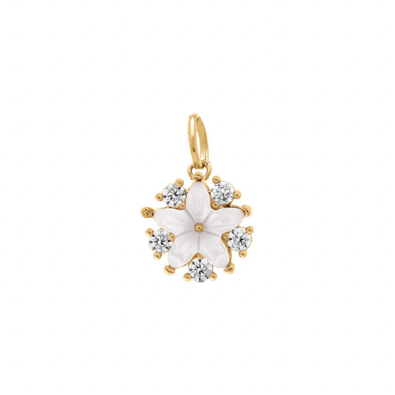 Pendentif mode fleur en nacre véritable avec oxydes blancs plaqué or