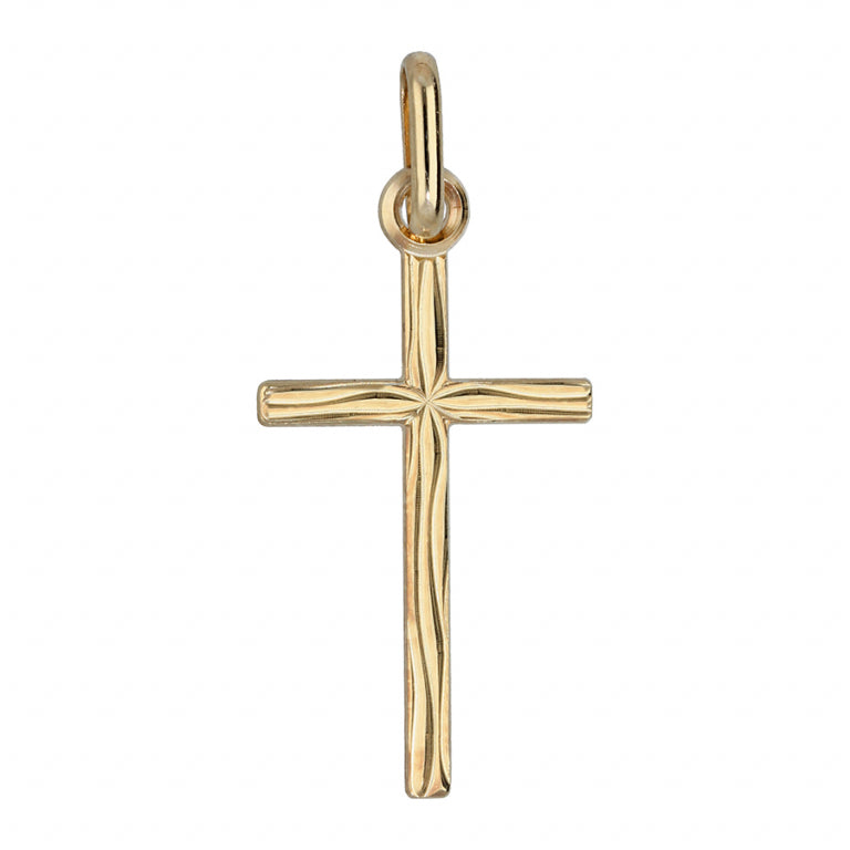 Pendentif mode petite croix en plaqué or avec gravure aspect bois