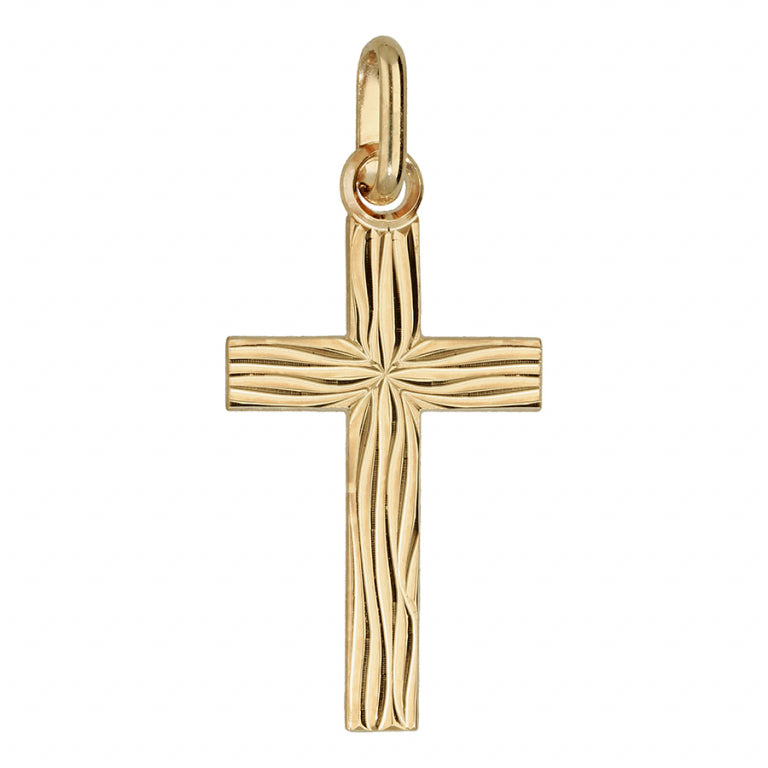 Pendentif mode croix gravure aspect bois en plaqué or