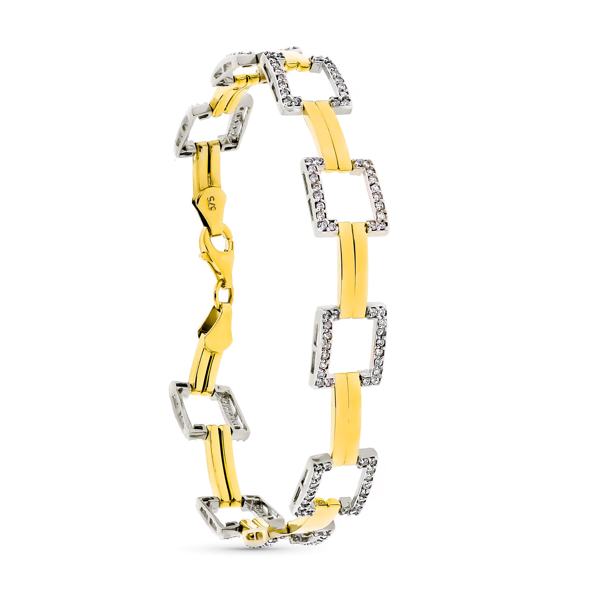 Pulsera Cuadrada de Oro Bicolor de 9K y Circonitas. 19cm