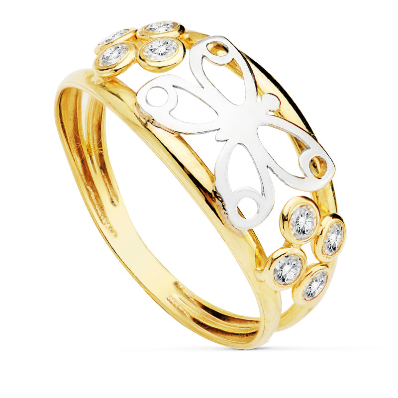 Ring Or Double Two-tone Ring 18K Open Butterfly Body and Zircon Width: 8.5 mm