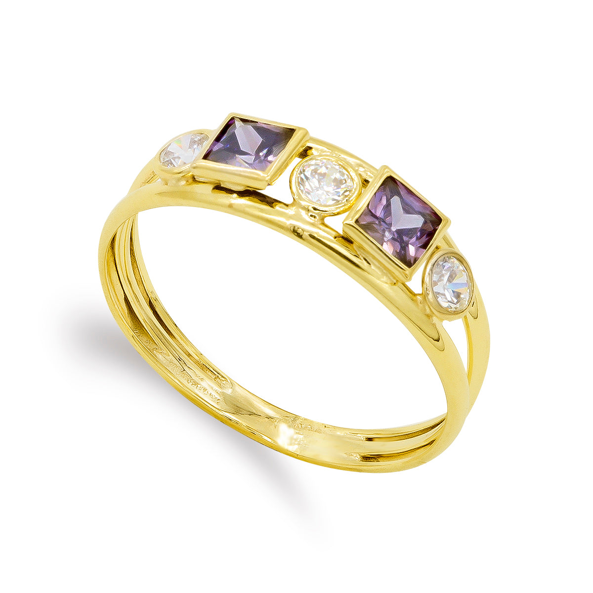 Bague Double Corps en Or Jaune 9K avec Zircon Blanches et Couleur Amethyste Largeur: 4 mm
