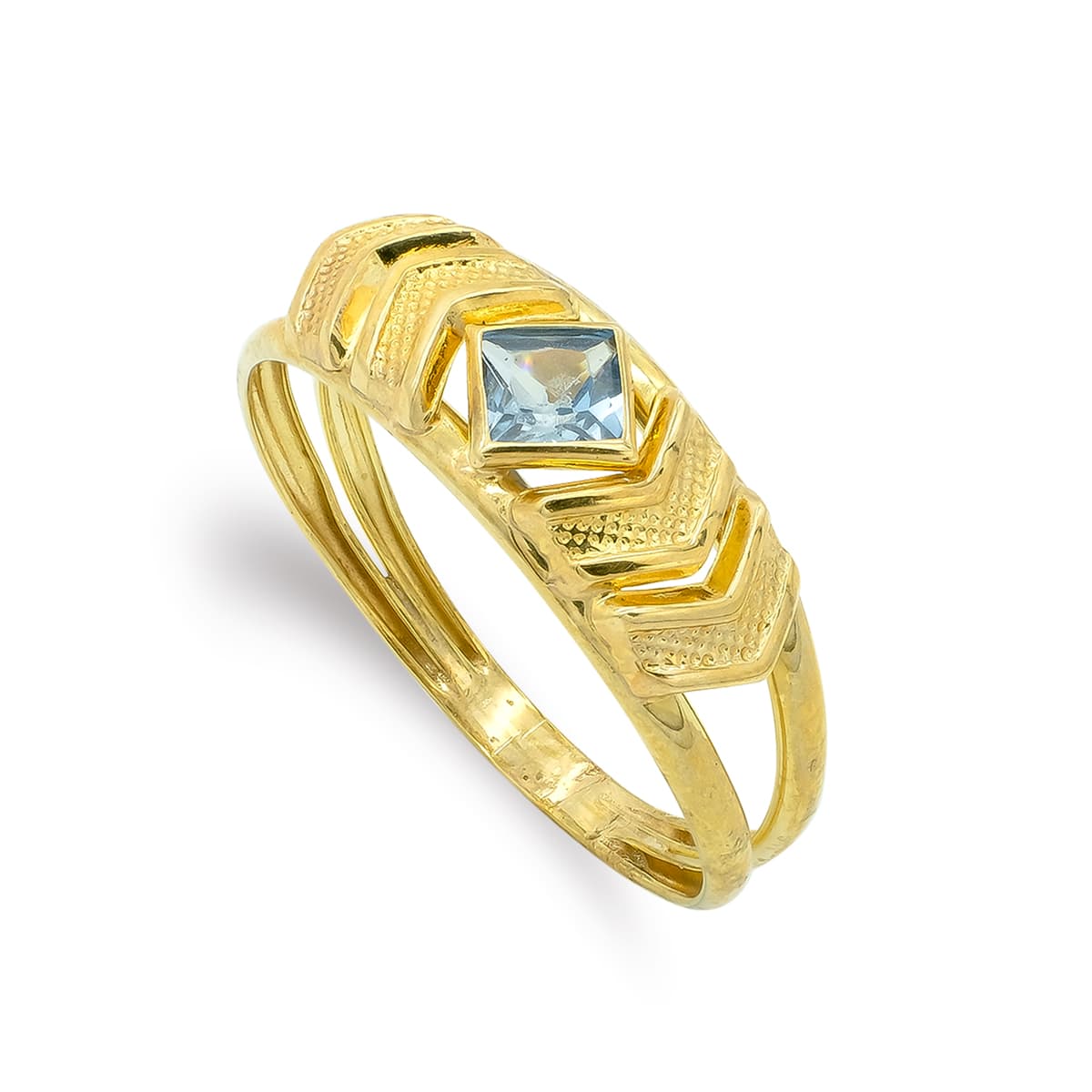 Bague en Or Jaune 9K avec Motif Zircone Couleur Aigue-marine Largeur: 6,5 mm