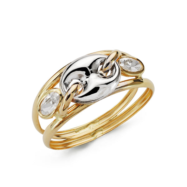 Double Body Ring in 9K Two-tone Gold with Stainless Steel and Zircon Width: 7 mm