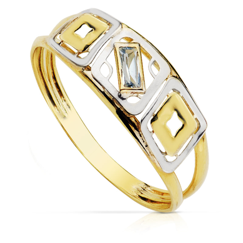 Inel de aur bicolor 9K Design cu corp dublu deschis cu zirconiu acvamarin Latime: 6,5 mm
