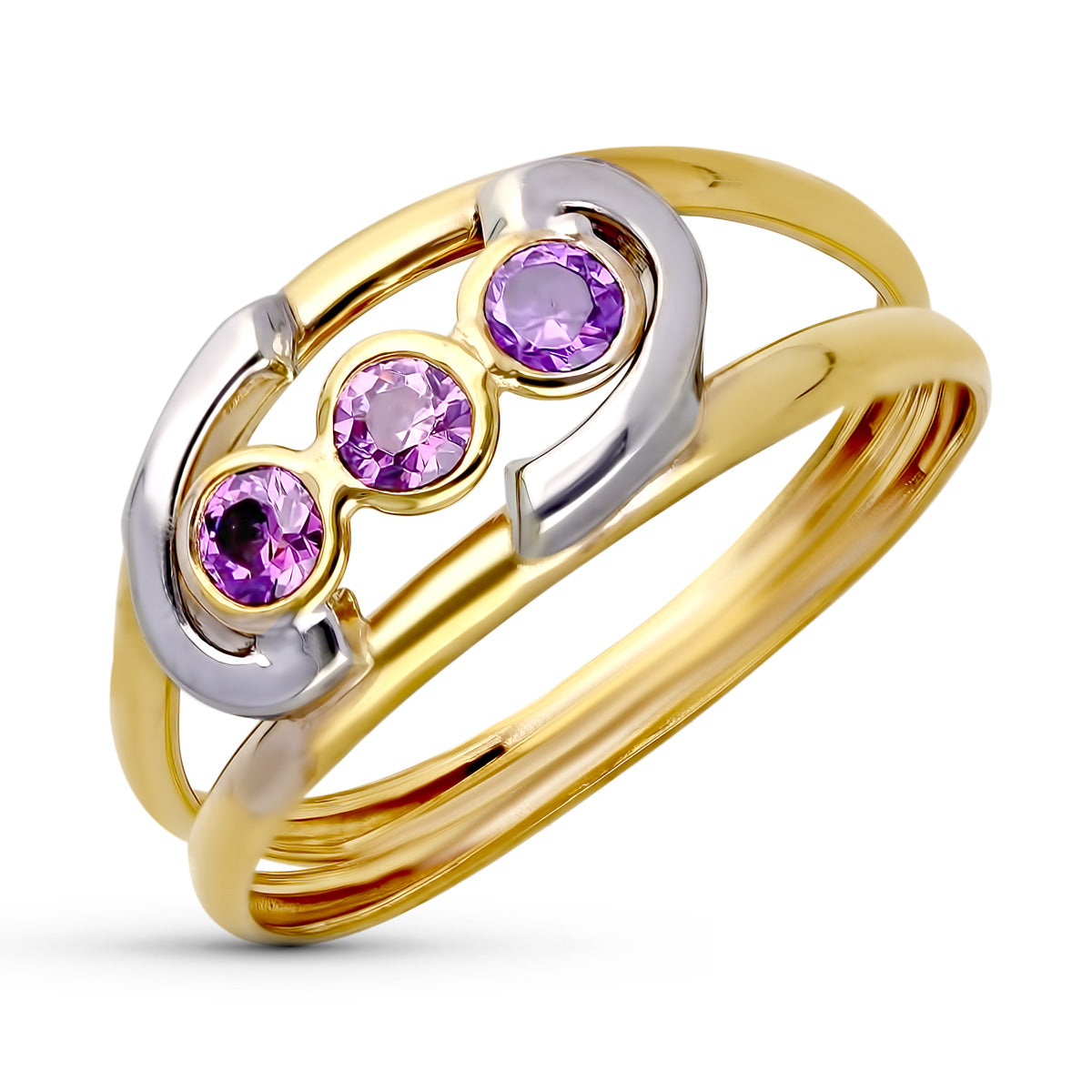 Bague en Or Bicolore 9K Motif Double Corps avec Zircon Couleur Amethyste Largeur: 8,5 mm
