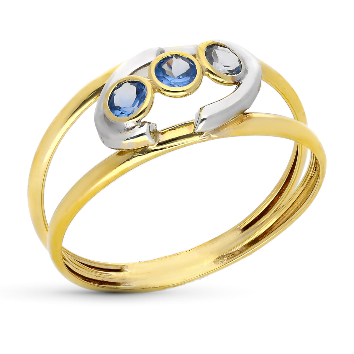 Anillo de Oro Bicolor de 9K Patrón de Doble Cuerpo con Circonitas color Aguamarina Ancho: 8.5 mm